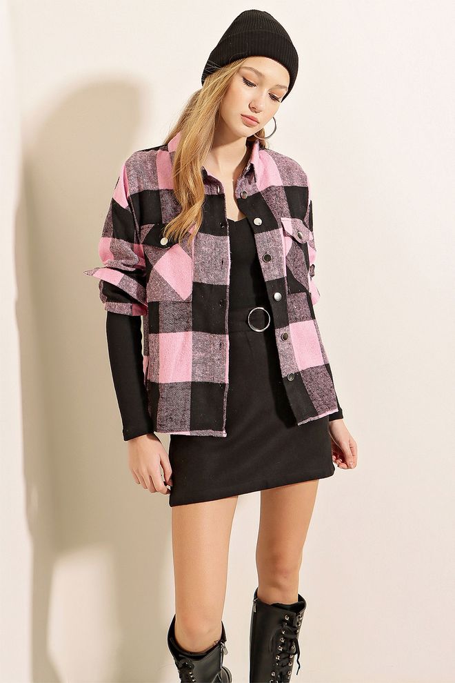 Bigdart قميص منقوش بجيب مزدوج وردي غامق ملابس بالجملة الخريف