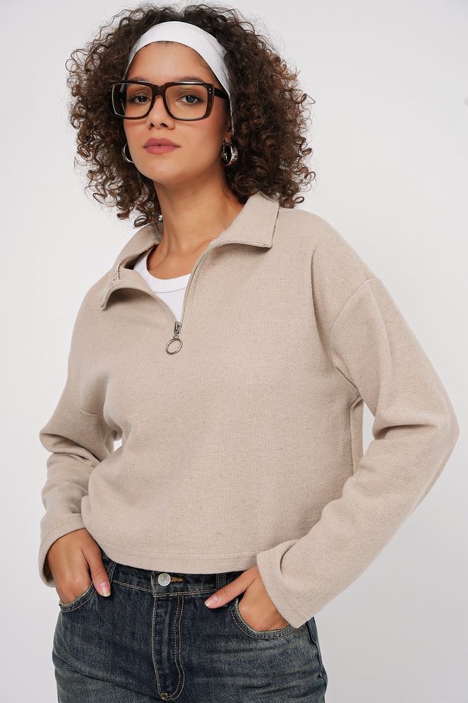 Bigdart Fermuarlı Yaka Örme Sweatshirt Krem Toptan Giyim Gündelik