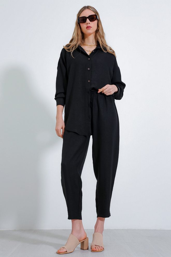 Bigdart Siyah Oversize Keten Alt Üst Takım 6622 Toptan Giyim Gündelik