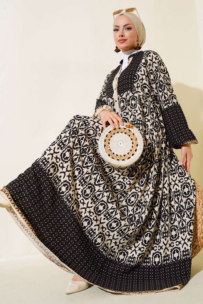 Bigdart Robe Hijab En Viscose À Motifs Crème Noire 2423 Vêtements en gros Décontracté