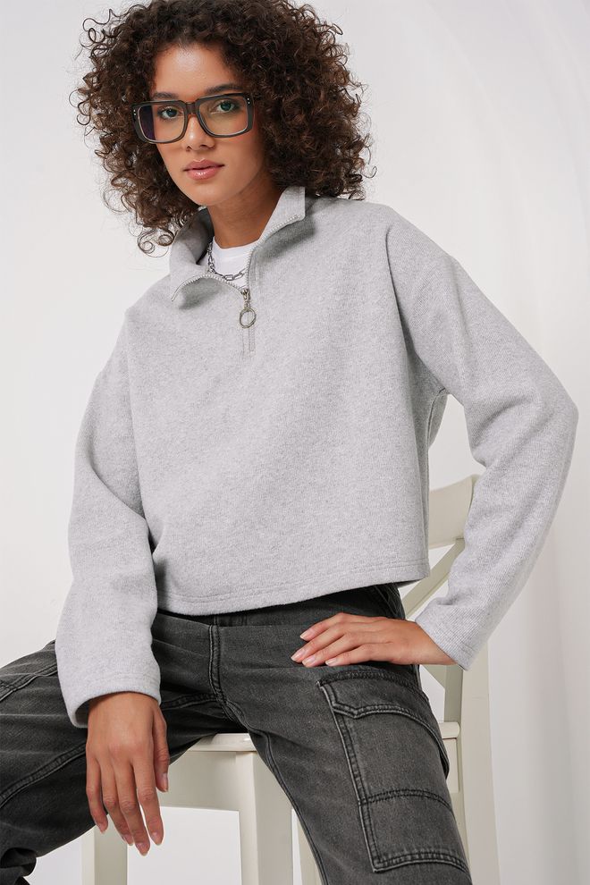 Bigdart Fermuarlı Yaka Örme Sweatshirt Gri Toptan Giyim Gündelik