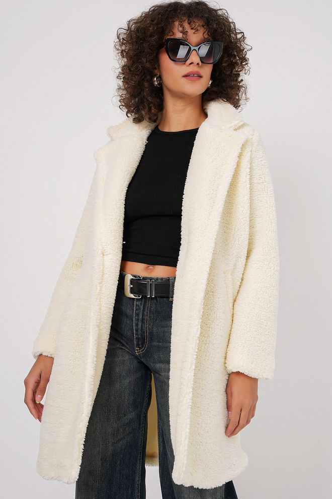Bigdart Oversize Peluş Kaban Ekru Toptan Giyim Gündelik