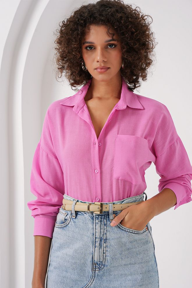 Bigdart Oversize Leinenhemd Mit Einer Tasche – Rosa Großhandelskleidung Lässig