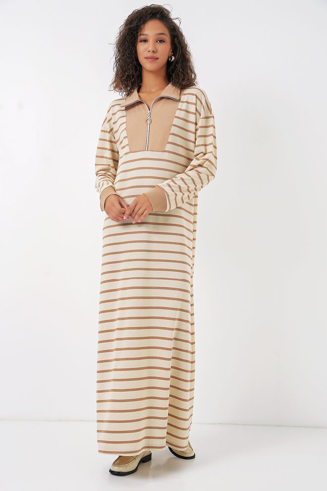 Bigdart Women's Striped Long Dress With Zipper Detail Beige Wholesale Clothing Casual