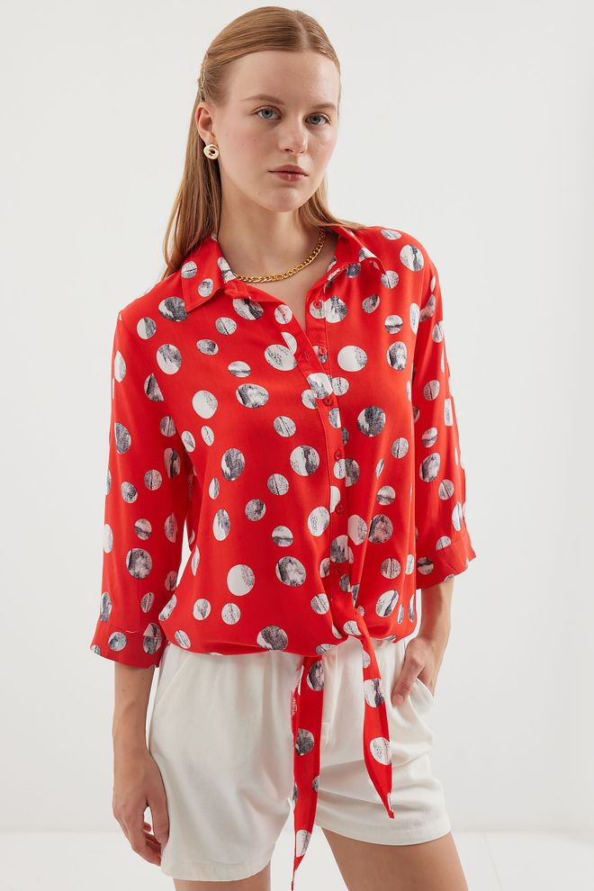 Bigdart Camicia Fantasia Con Cravatta Sul Davanti Rossa Abbigliamento all'ingrosso Casuale