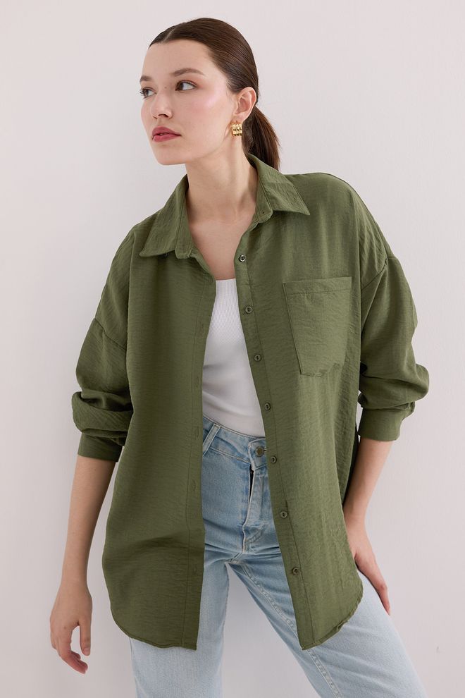 Bigdart Chemise Oversize En Lin À Poche Unique Kaki Vêtements en gros Décontracté