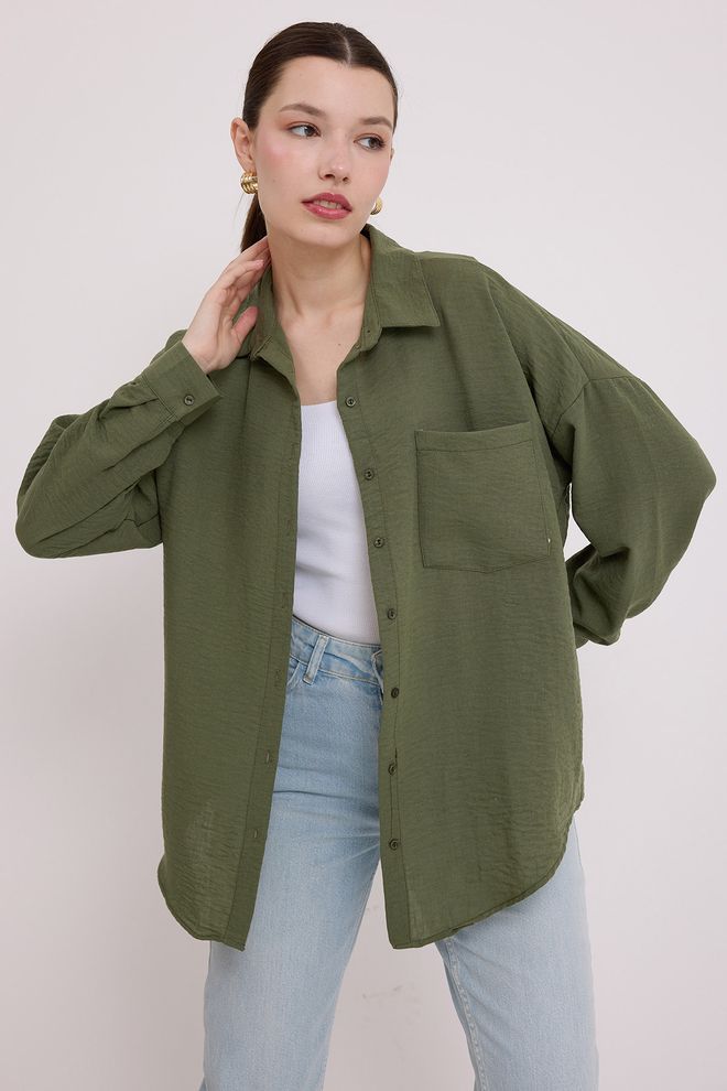 Bigdart Oversize Lanena Srajca Z Enim Žepom Kaki Oblačila na debelo Rojstni dan