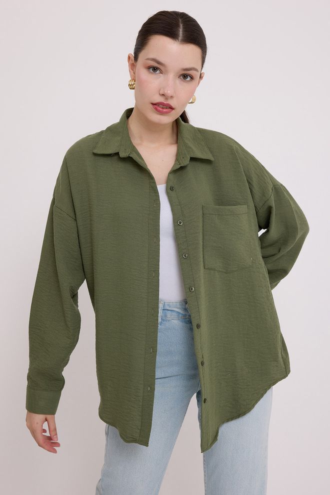 Bigdart Oversize Lanena Srajca Z Enim Žepom Kaki Oblačila na debelo Perilo