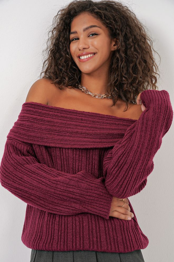 Bigdart Women's Open Shoulder Oversize Knitwear Sweater Claret Red Wholesale Clothing Elegant