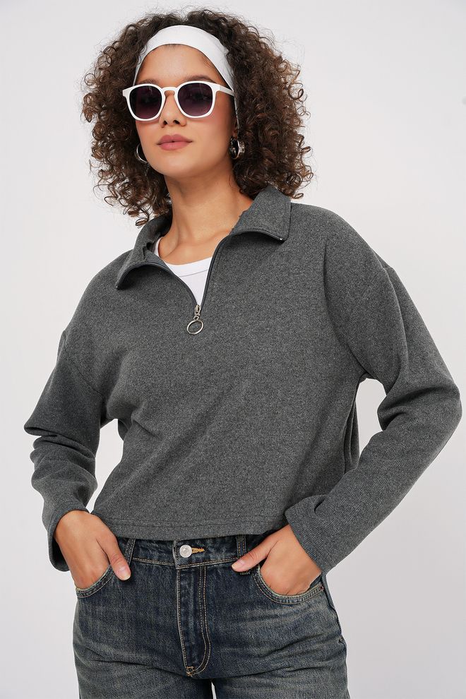 Bigdart Fermuarlı Yaka Örme Sweatshirt Antrasit Toptan Giyim Gündelik