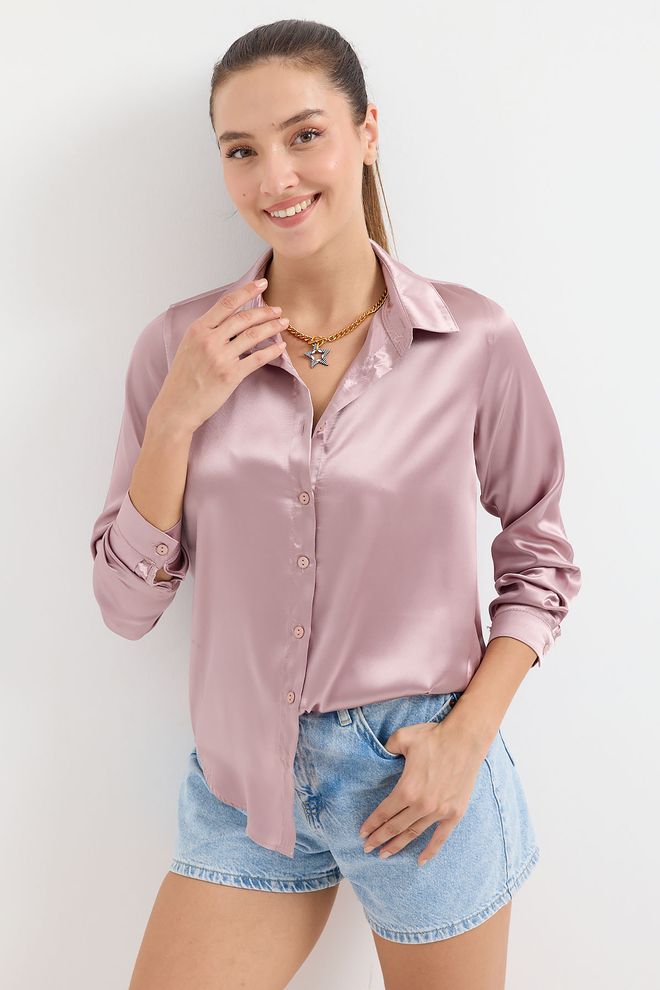 Bigdart Hafif Dökümlü Saten Gömlek D.gül Kurusu Toptan Giyim Resmi