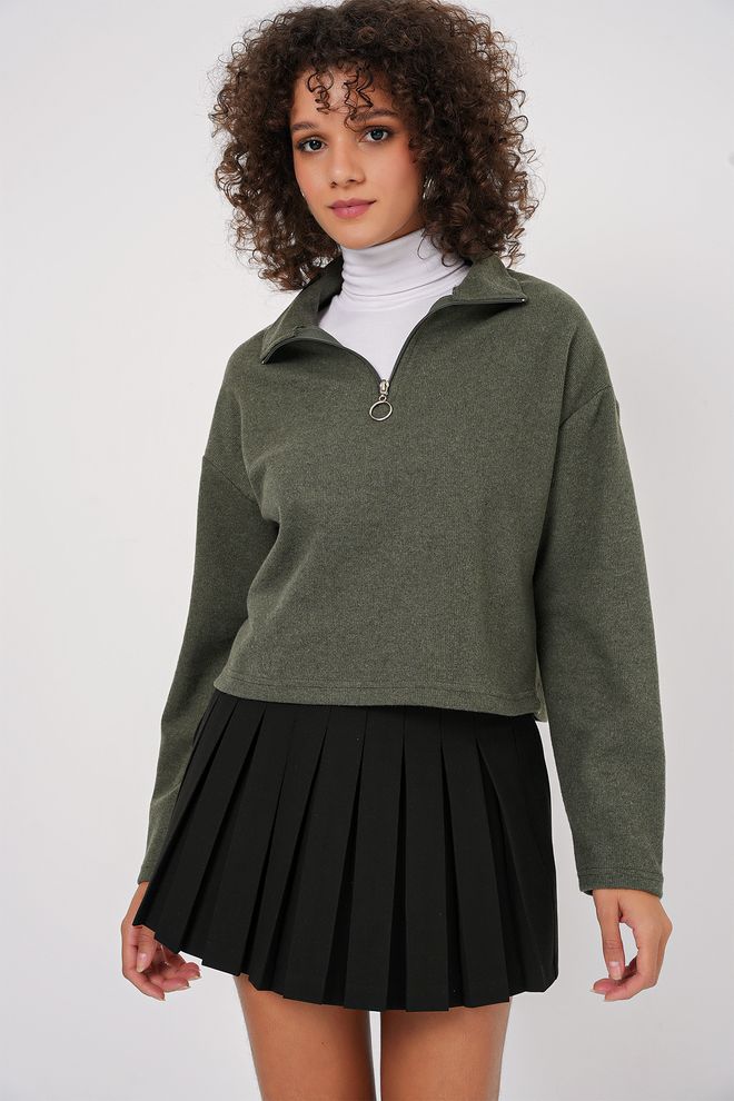 Bigdart Fermuarlı Yaka Örme Sweatshirt Haki Toptan Giyim Gündelik