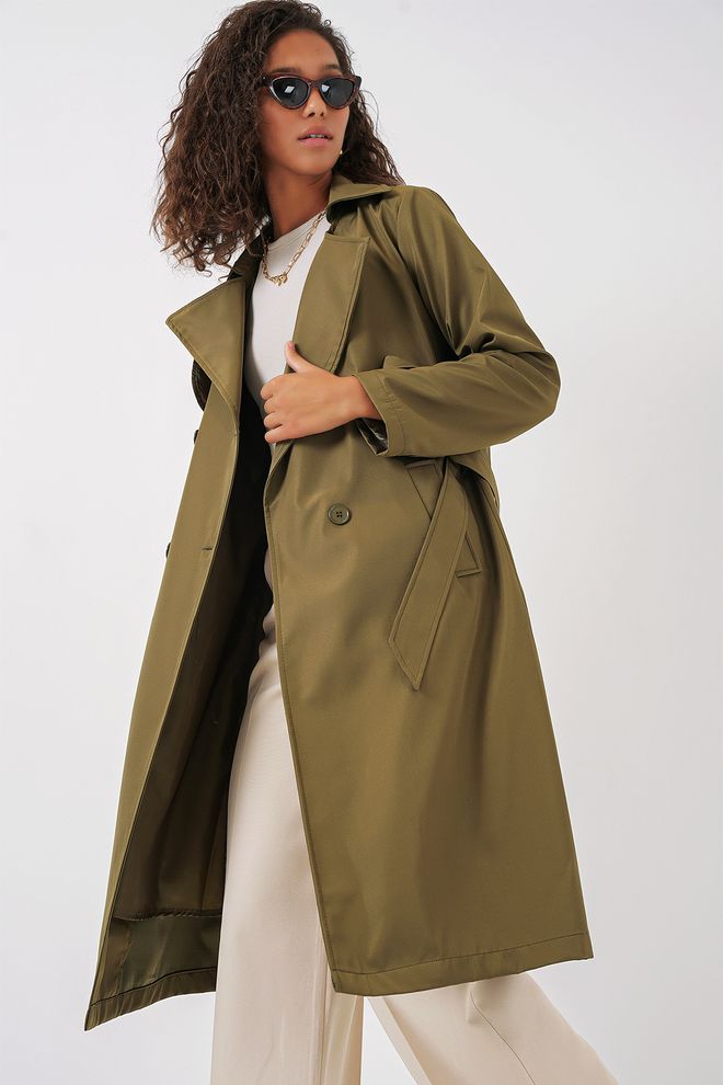 Bigdart Zweireihiger Trenchcoat Mit Kragen – Khaki Großhandelskleidung Lässig