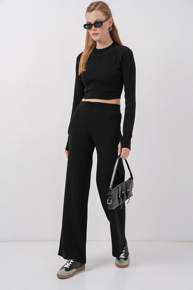 Bigdart Conjunto De Parte Superior E Inferior De Punto De Pantalones De Suéter Corto Para Mujer Negro Ropa al por mayor Casual