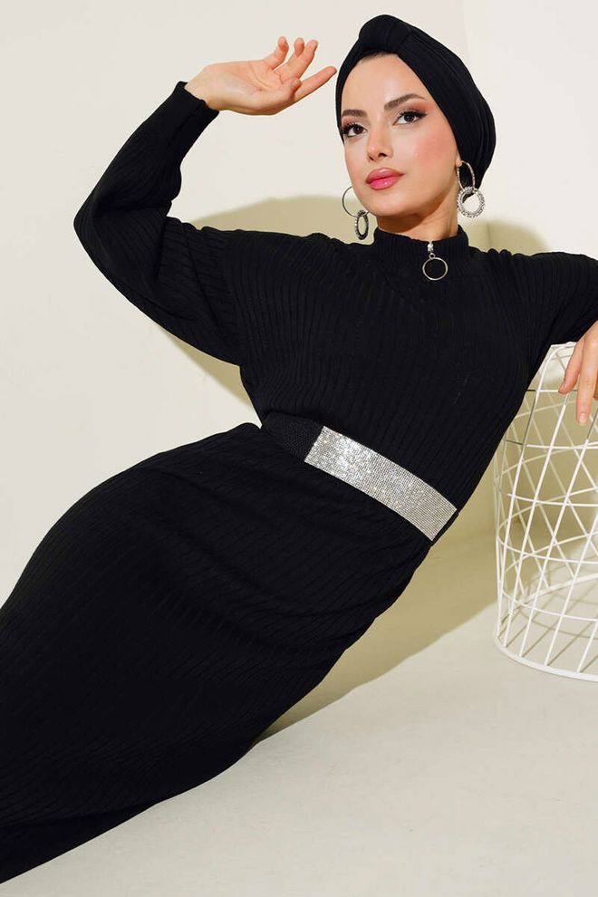 Bigdart Langes Hijab Strickkleid – Schwarz Großhandelskleidung Acryl