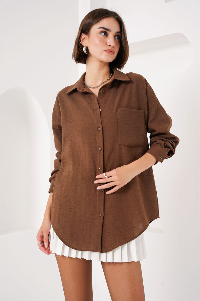 Bigdart Oversized Linnen Overhemd Met Enkele Zak A.kahve Groothandel Kleding Linnen