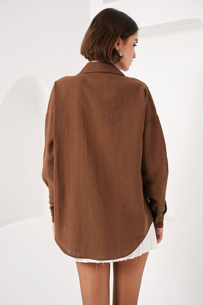 Bigdart Oversized Linnen Overhemd Met Enkele Zak A.kahve Groothandel Kleding Formeel