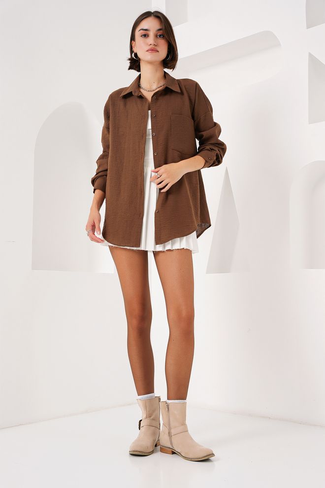 Bigdart Oversized Linnen Overhemd Met Enkele Zak A.kahve Groothandel Kleding Verjaardag