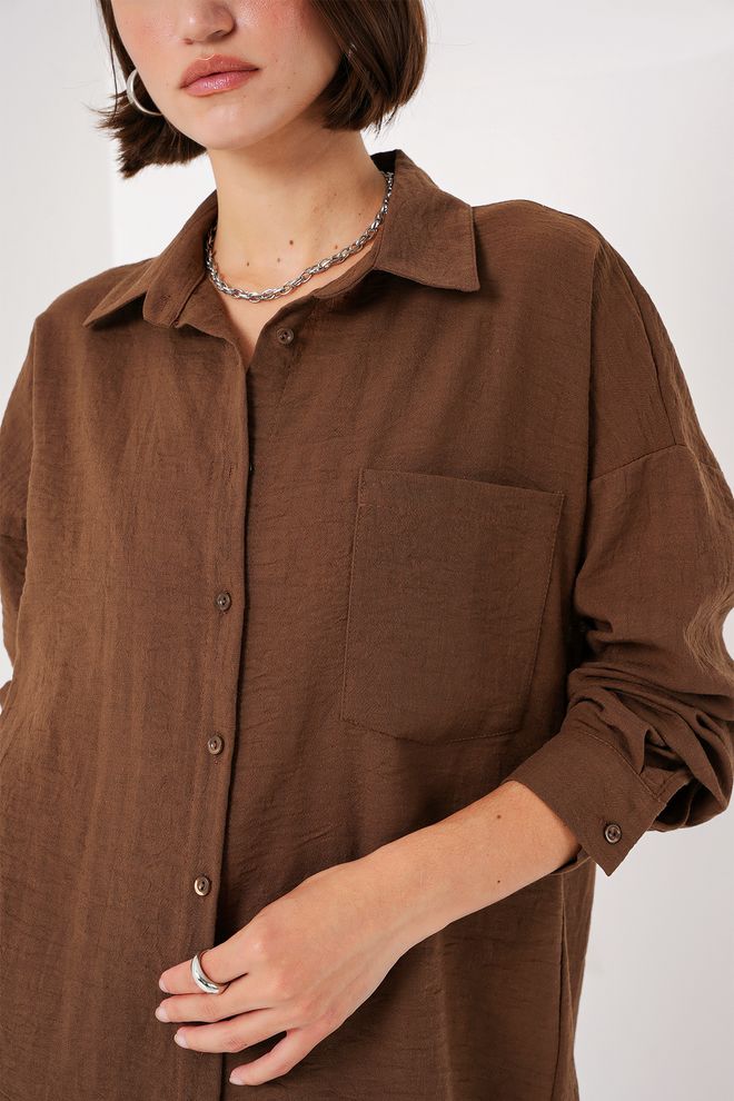 Bigdart Oversized Linnen Overhemd Met Enkele Zak A.kahve Groothandel Kleding Herfst