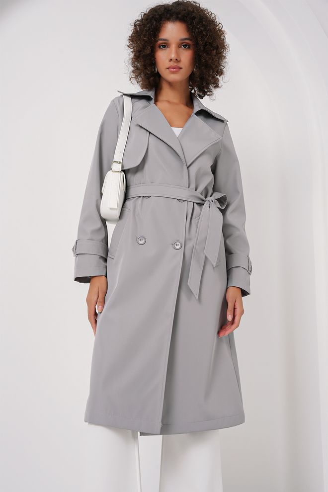 Bigdart Trenchcoat Met Dubbele Rij Knopen En Kraag Grijs Groothandel Kleding Casual