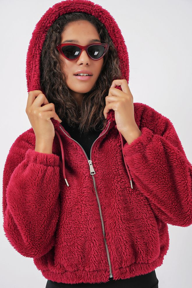Bigdart Veste Courte À Capuche En Peluche Rouge Claret Vêtements en gros Décontracté