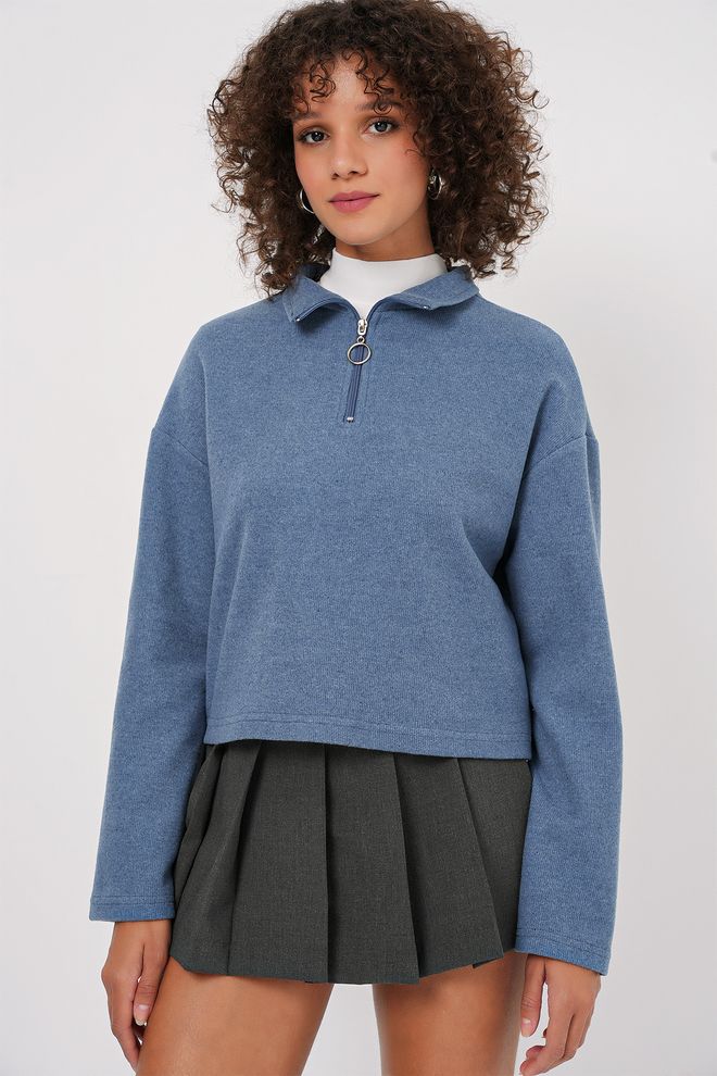 Bigdart Fermuarlı Yaka Örme Sweatshirt İndigo Toptan Giyim Gündelik