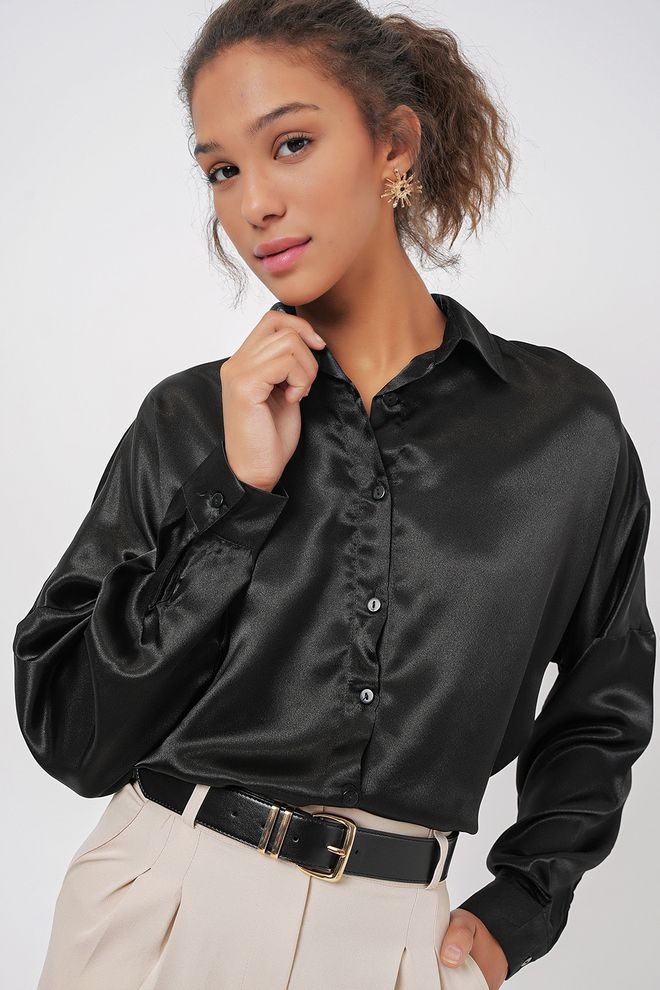 Umay Camisa Negra Elegante Larga Oversize Con Cuello Chal Ropa al por mayor Casual