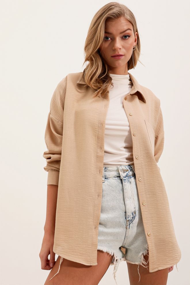 Bigdart Πουκάμισο One Pocket Oversize Μπεζ Χονδρικό εμπόριο ενδυμάτων Casual