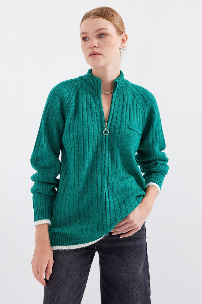 Bigdart Zippered Knitted Cardigan Emerald Green Wholesale Clothing Casual