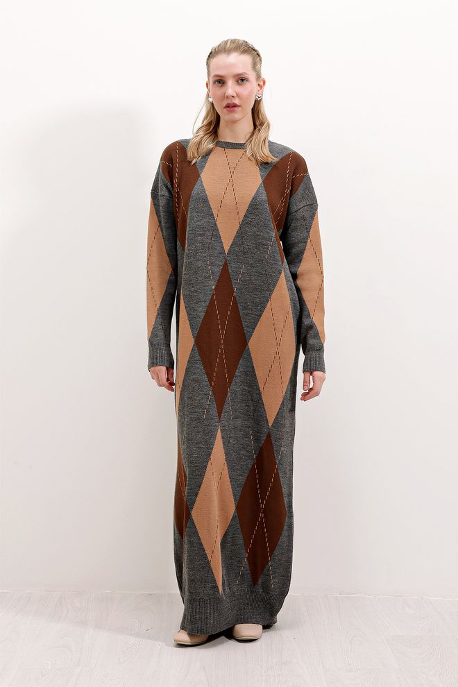 Bigdart Long Knit Dress Grey & Brown Wholesale Clothing Casual