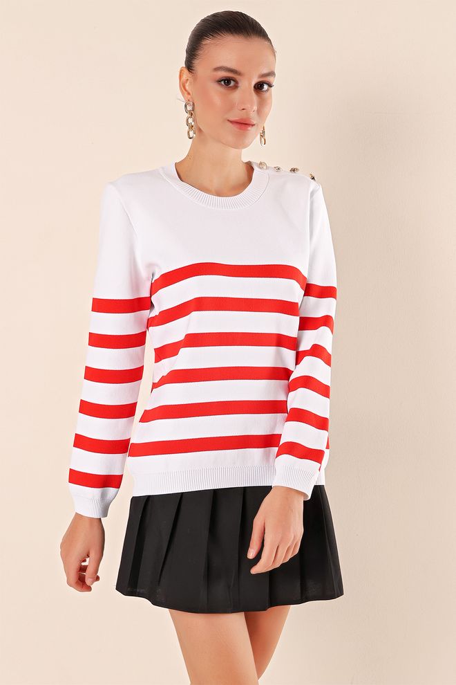 Bigdart Button Detail Striped Sweater C.red Wholesale Clothing Casual