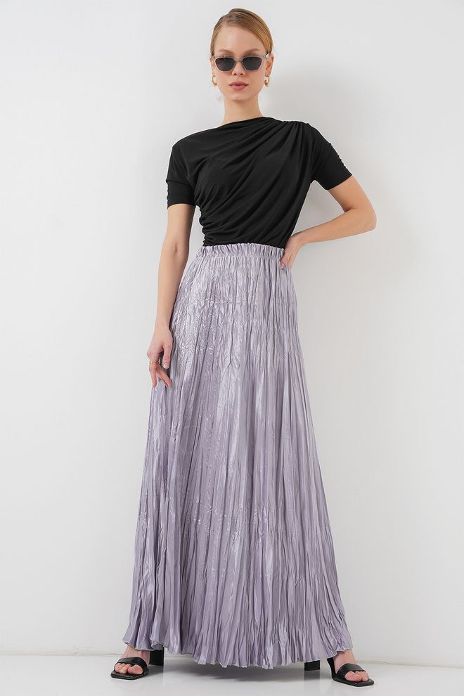 Bigdart Блестяща Пола С Дълги Бръчки 8034 Сива Дрехи на едро Небрежен