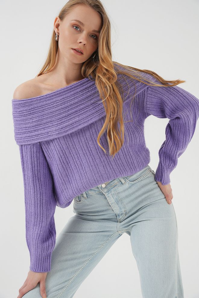 Bigdart Women's Open Shoulder Oversize Knitwear Sweater Lilac Wholesale Clothing Elegant