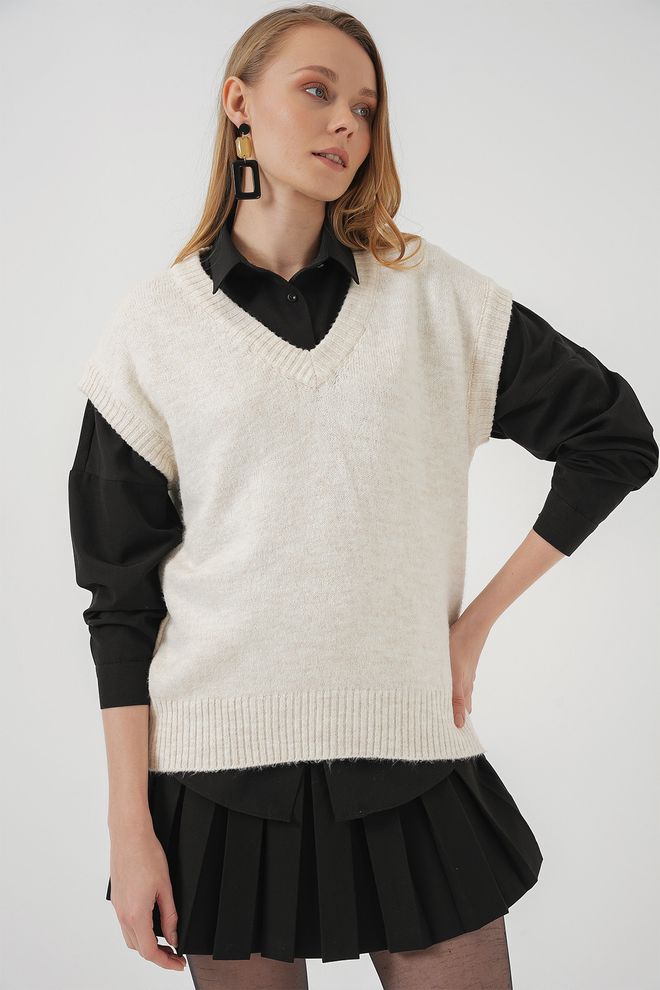 Bigdart V Neck Knitted Sweater Ecru Wholesale Clothing Casual