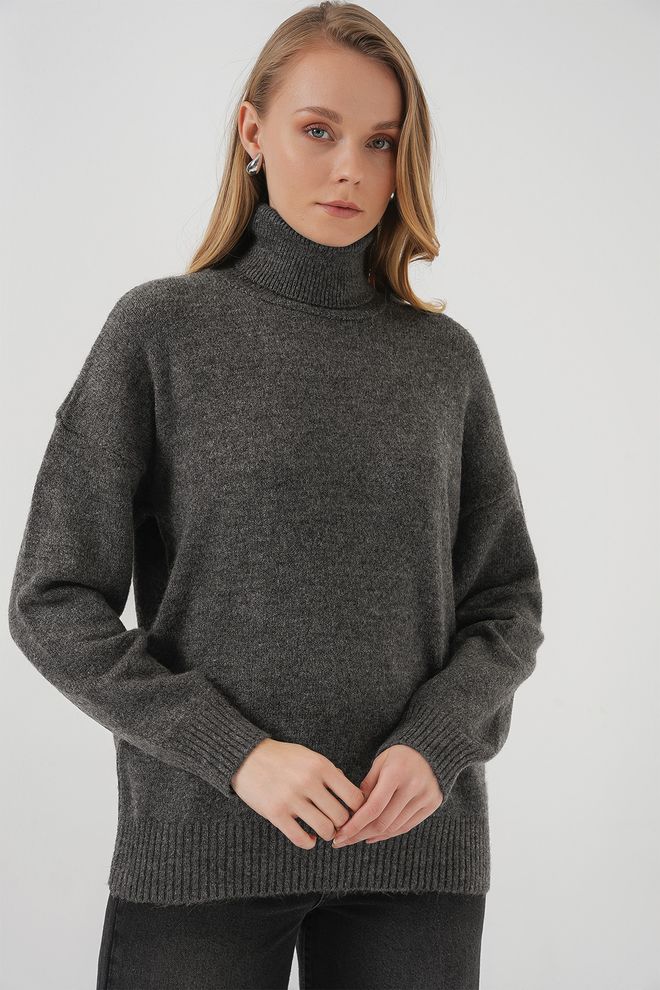 Bigdart Women's Turtleneck Oversize Knitwear Sweater Anthracite Wholesale Clothing Formal