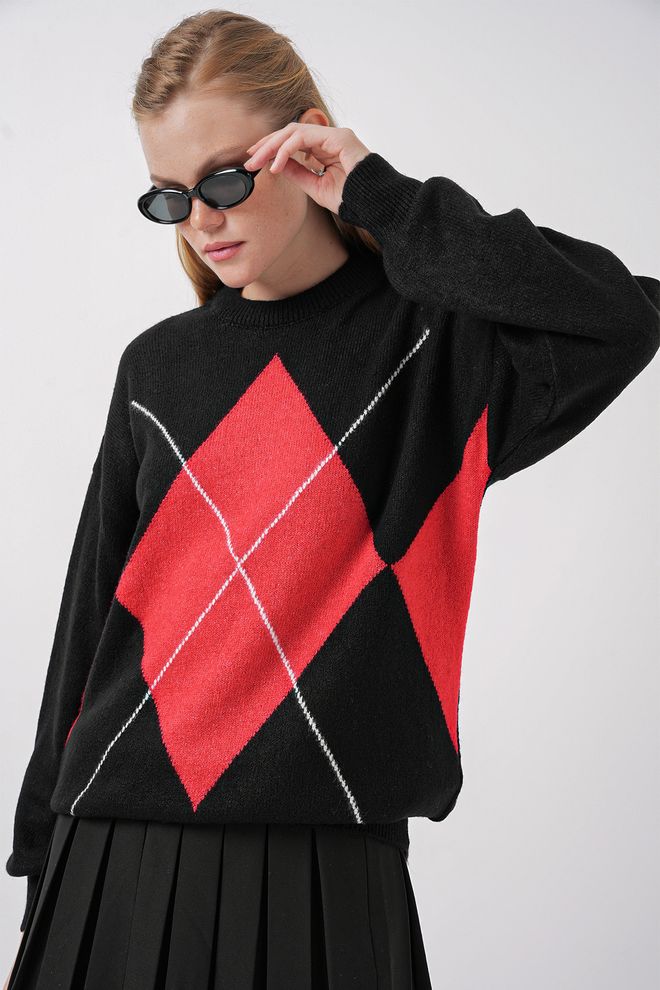 Bigdart Suéter De Malha De Grandes Dimensões Com Estampa De Baklava Preto Roupas por atacado Acrílico