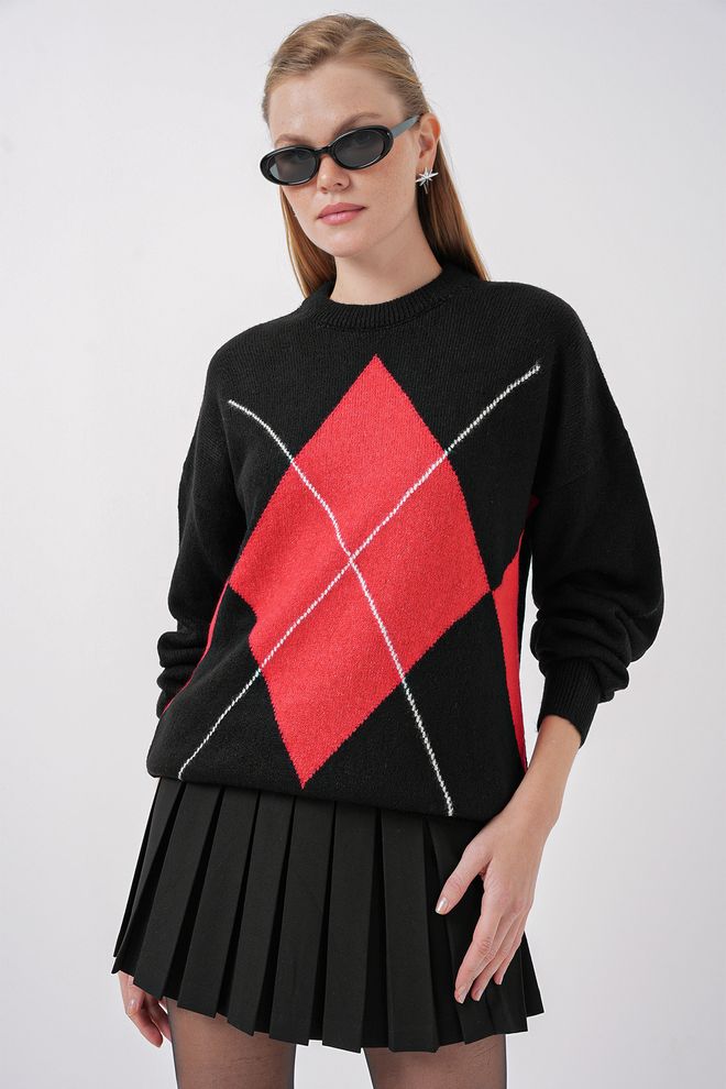 Bigdart Baklava Patterned Oversized Knitwear Sweater Black Wholesale Clothing Casual