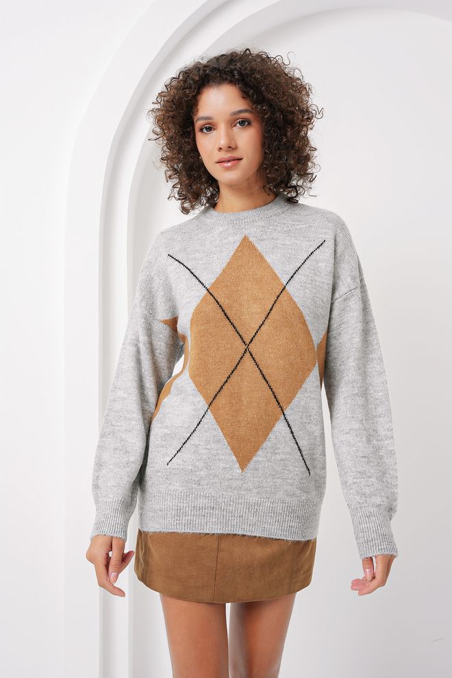 Bigdart Baklava Patterned Oversized Knitwear Sweater Gray Wholesale Clothing Casual