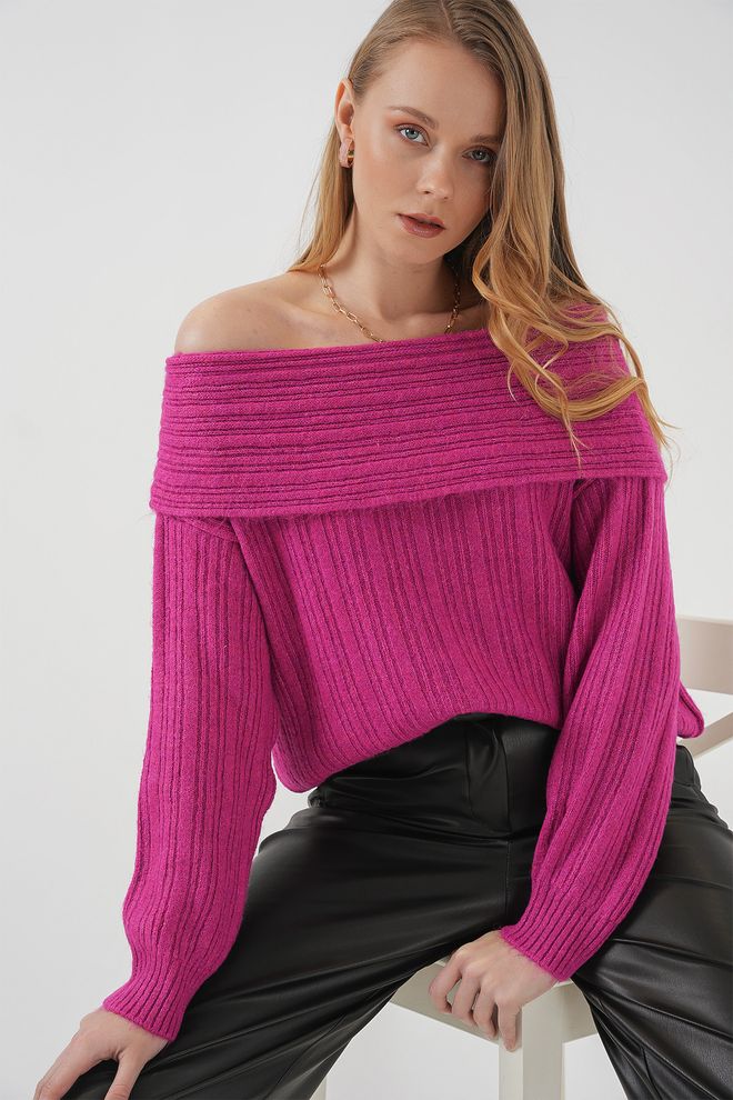 Bigdart Women's Off Shoulder Oversize Knitwear Sweater Dark Pink Wholesale Clothing Elegant
