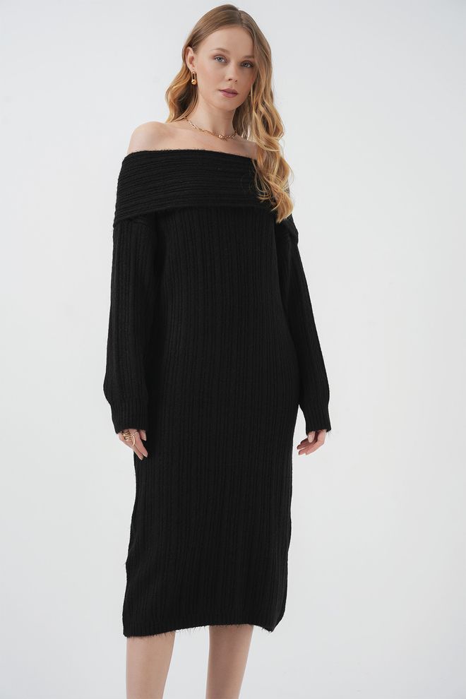 Bigdart Oversize Pulloverkleid Mit Madonnenkragen Schwarz Großhandelskleidung Lässig