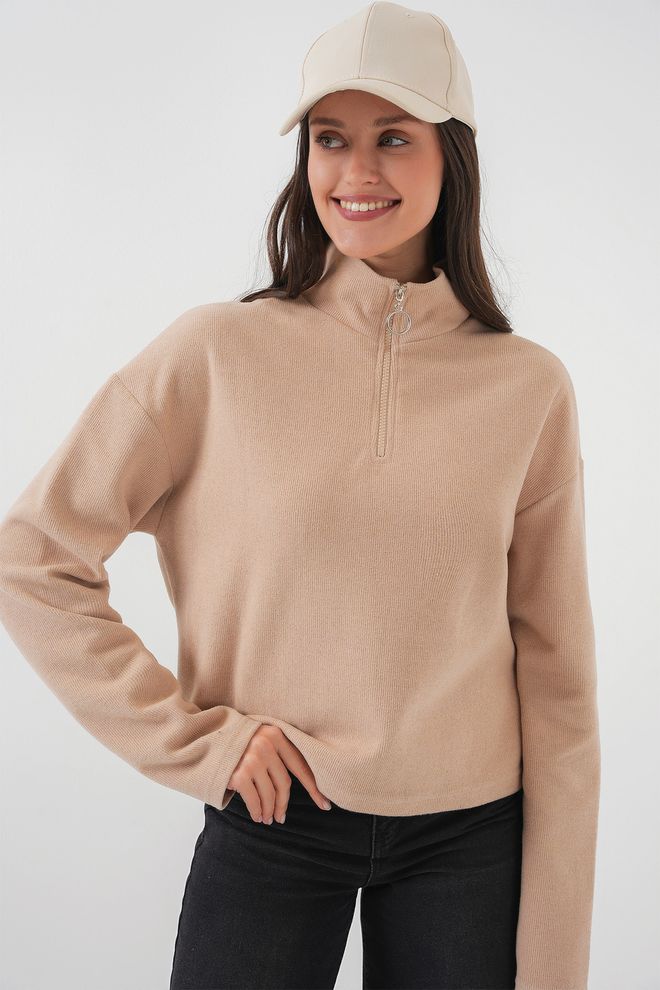 Bigdart Fermuarlı Yaka Örme Sweatshirt Camel Toptan Giyim Gündelik