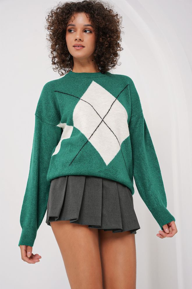 Bigdart Baklava Patterned Oversized Knitwear Sweater Emerald Green Wholesale Clothing Casual