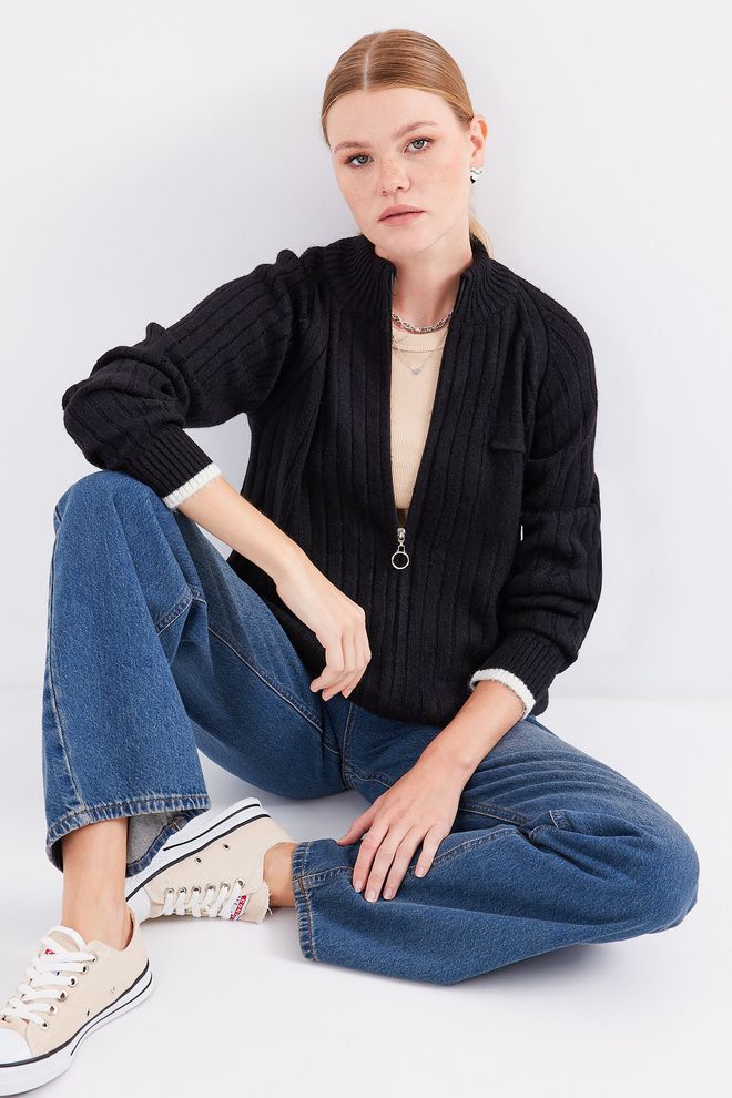 Bigdart Zippered Knitwear Cardigan Black Wholesale Clothing Casual