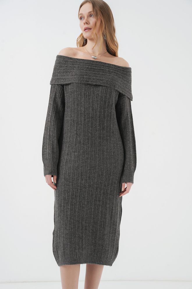 Bigdart Oversize Pulloverkleid Mit Madonnenkragen Anthrazit Großhandelskleidung Lässig