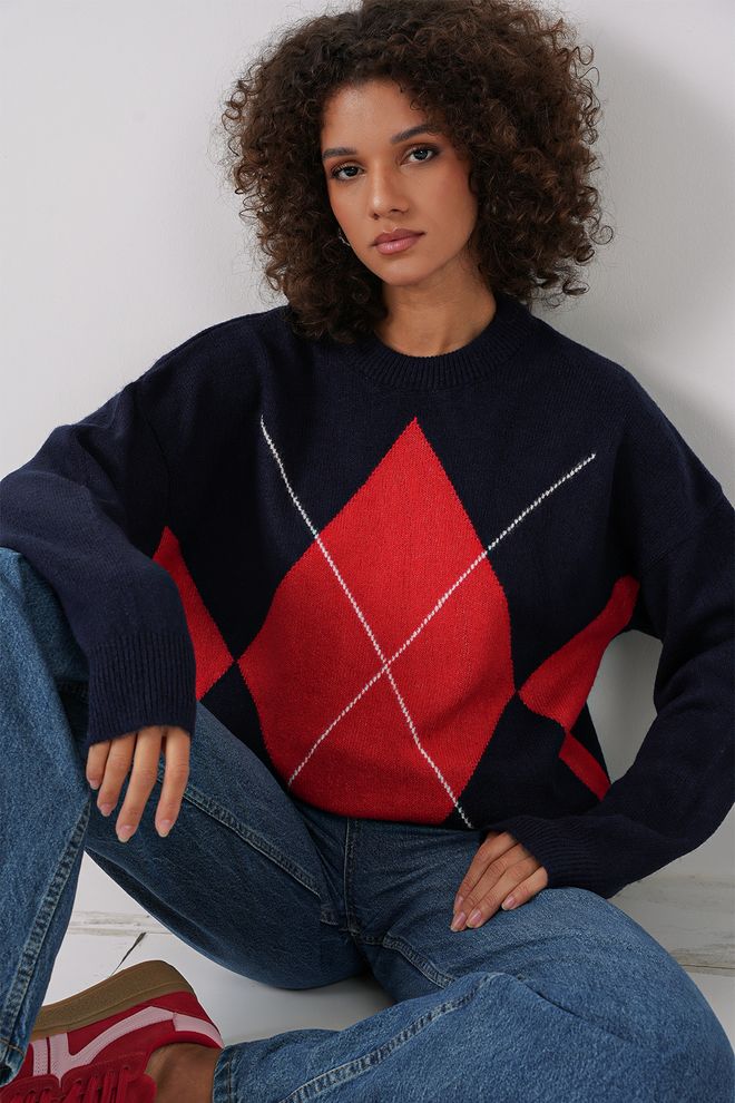 Bigdart Baklava Patterned Oversized Knitwear Sweater Navy Wholesale Clothing Casual