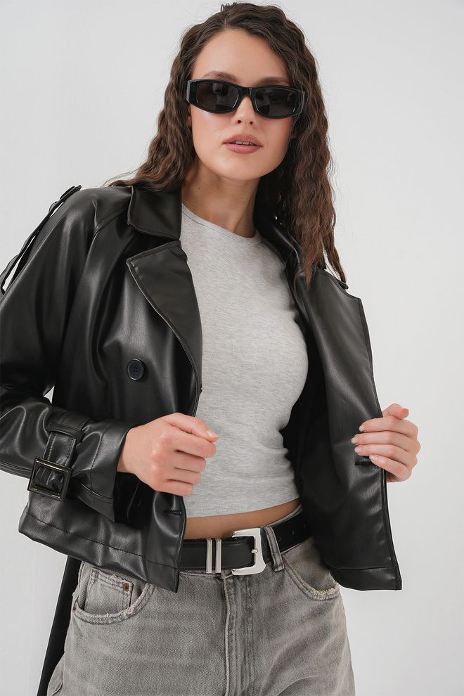 Bigdart Jas Van Imitatieleer Met Riem 1046 Zwart Groothandel Kleding Casual