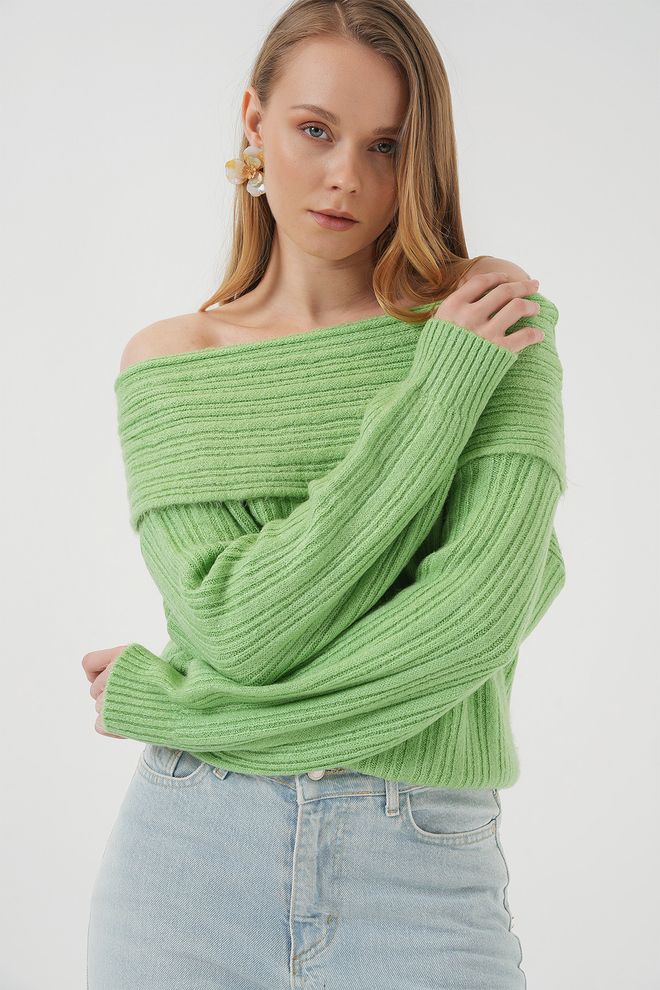 Bigdart Women's Open Shoulder Oversize Knitwear Sweater E.green Wholesale Clothing Elegant