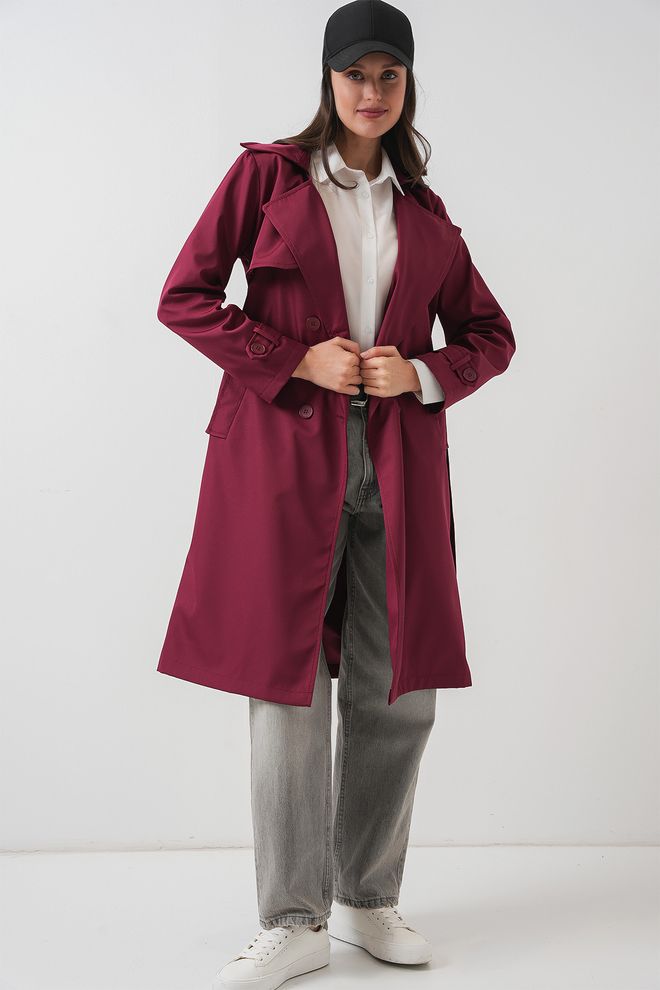 Bigdart Double Neck Trench Coat Burgundy Wholesale Clothing Polyester