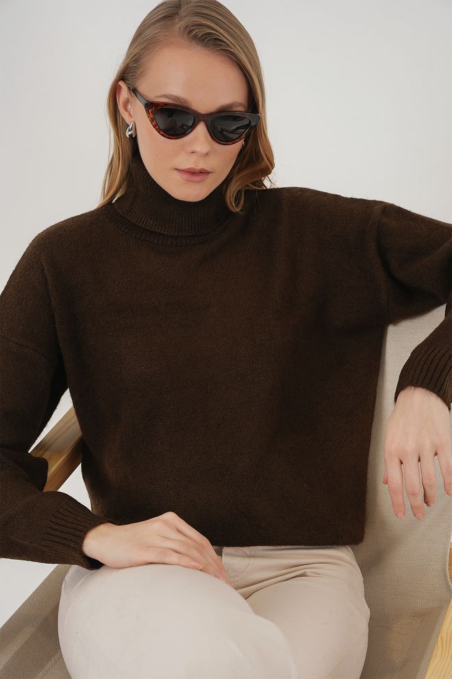Bigdart Women's Turtleneck Oversize Knitwear Sweater Brown Wholesale Clothing Formal