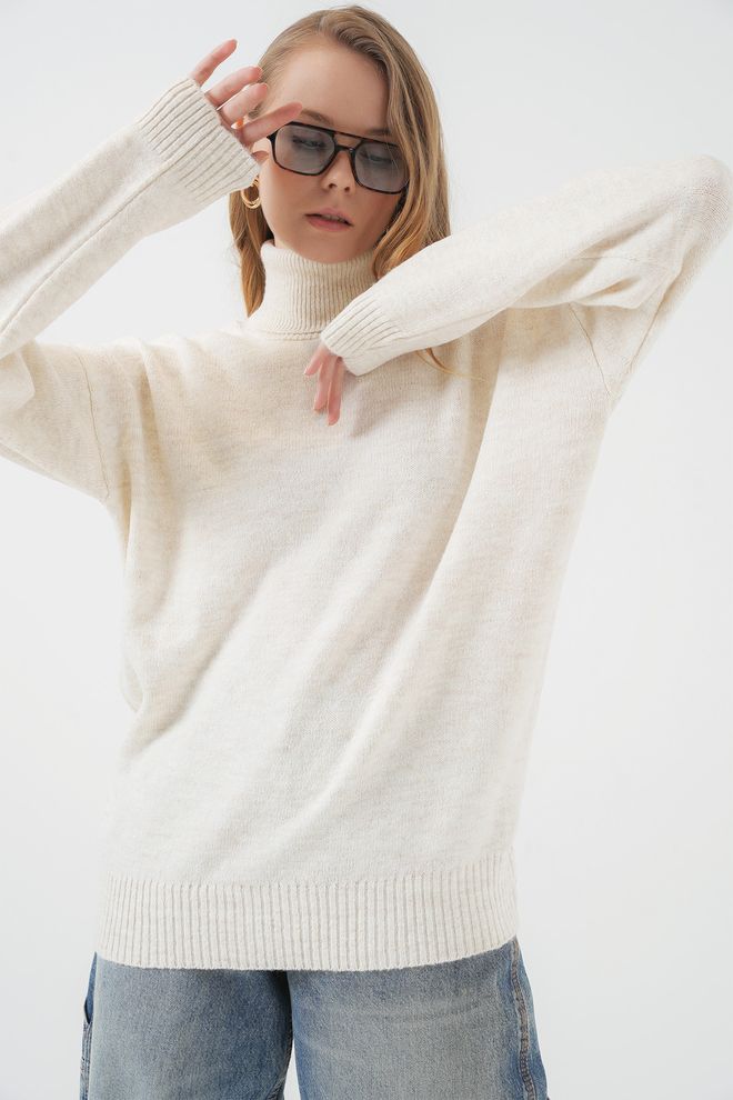 Bigdart Women's Turtleneck Oversize Knitwear Sweater Ecru Wholesale Clothing Formal